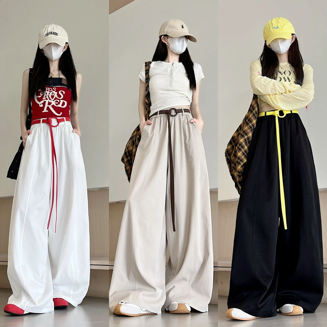 韩系ins慵懒感弯刀裤女夏季宽松简约压褶遮肚阔腿长裤（无腰带）