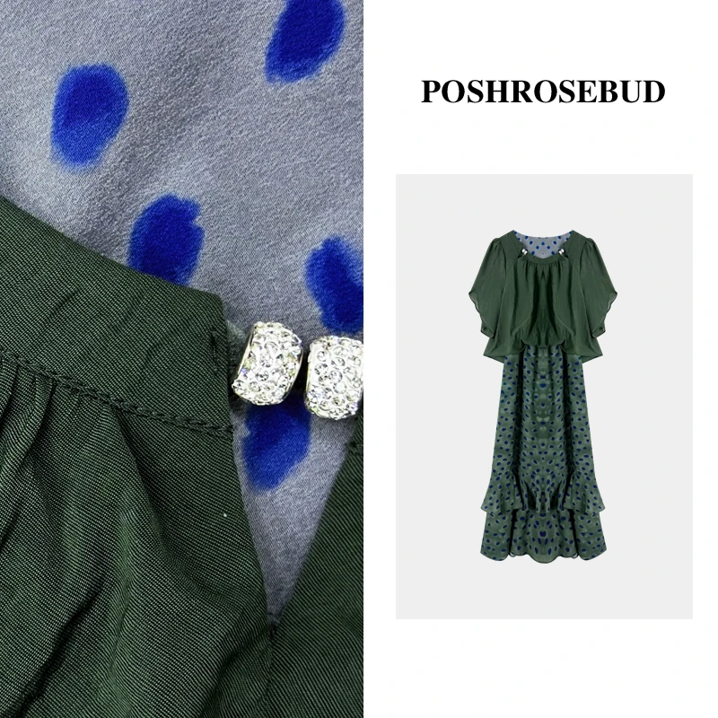 POSHROSEBUD设计师复古波点假两件气质显瘦女装连衣裙-T0167