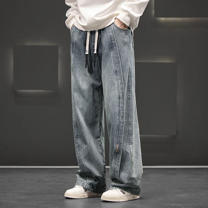 春秋新款青少年潮牌时尚牛仔裤宽松大码舒适百搭款男生直筒长裤