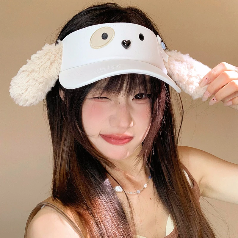 可爱卡通小狗遮阳空顶帽女夏季户外防紫外线防晒帽子显脸小棒球帽