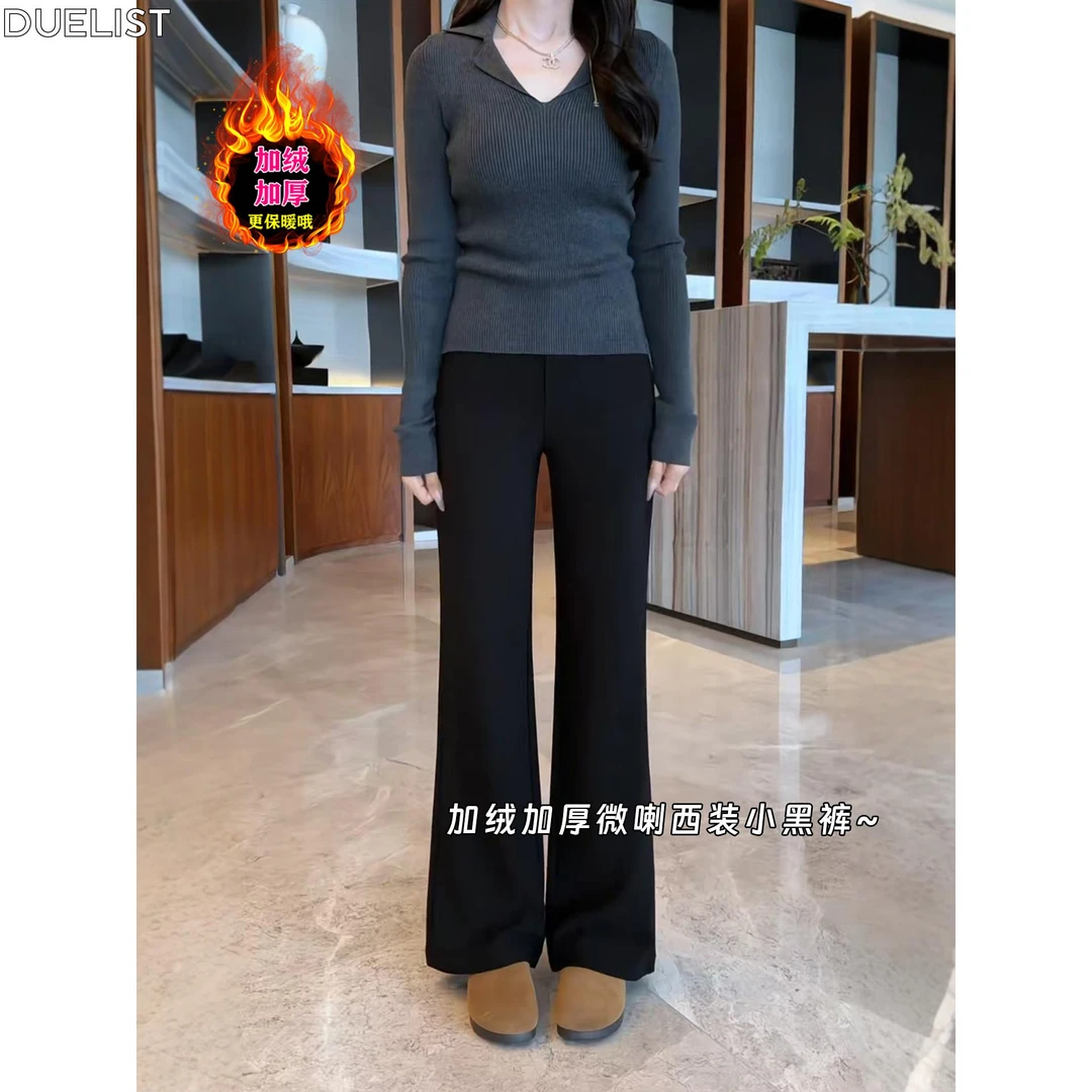 DUELIST黑色加绒加厚微喇休闲裤女秋冬高腰小个子显瘦垂感喇叭裤