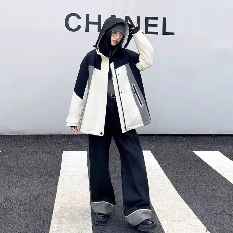 鹅绒女款冬季新款户外防风保暧拼色连帽中长款鹅绒羽绒服 31A53