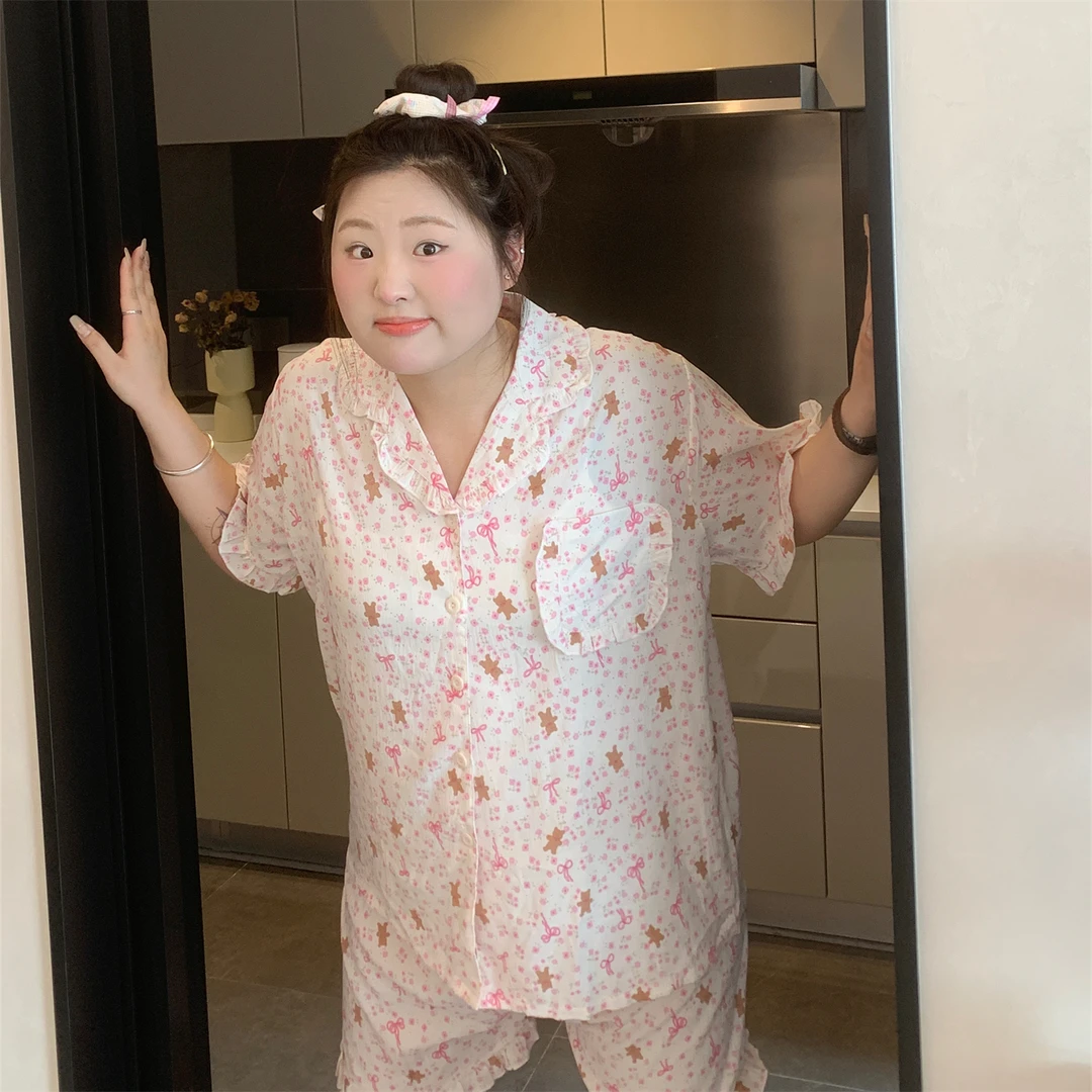 大码胖MM200斤云朵棉睡衣短袖短裤姜饼小熊可爱蝴蝶结卡通