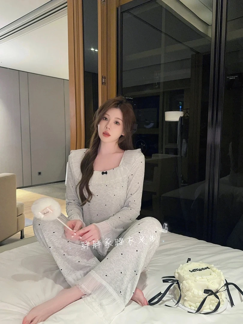 重工少女感纯欲圆点莫代尔棉睡衣蕾丝冰丝甜美休闲长袖家居套装