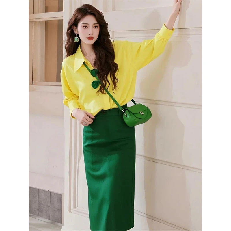 春季穿搭一整套2025新款小众独特别致气质高级感黄色衬衫套装裙女