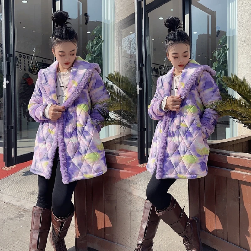 【李丽原创轻奢】新款女士时尚睡袍中长款睡衣三层加绒加厚冬季保