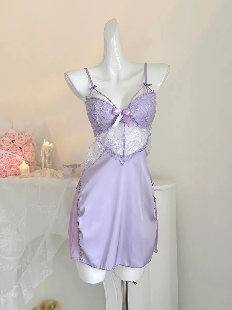 纯欲蕾丝缎面蝴蝶结带垫带钢睡裙战袍！【伍月柒号！no退no换】