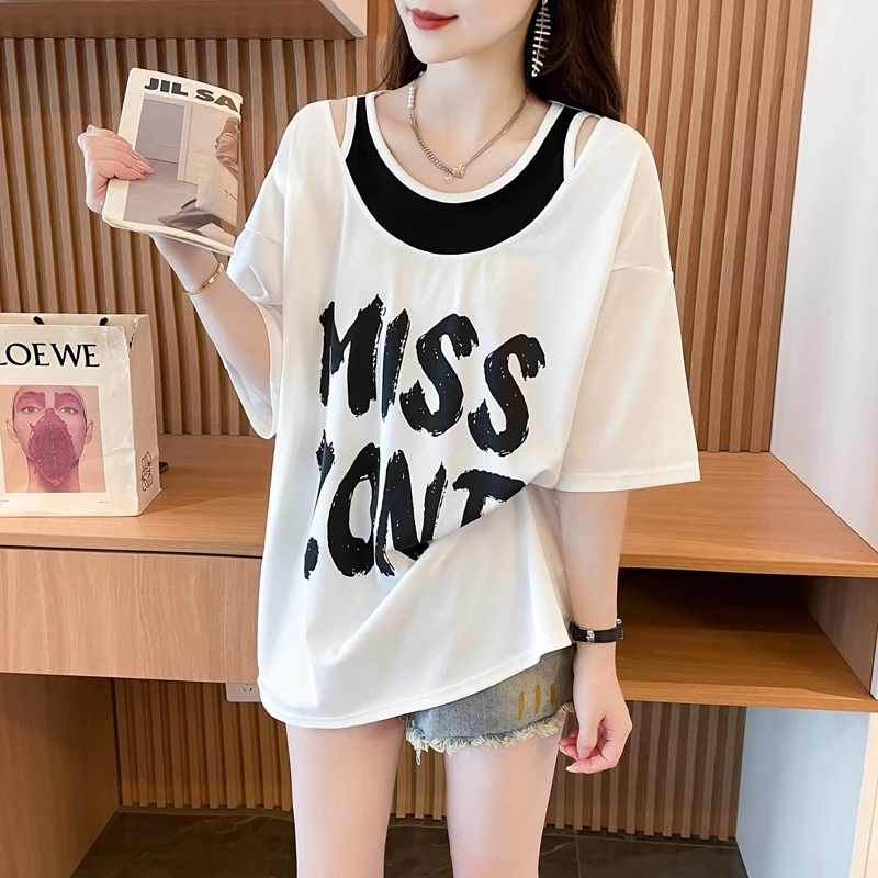 宽松显瘦遮肉短袖女夏季2025新款韩版假两件拼接撞色洋气减龄上衣