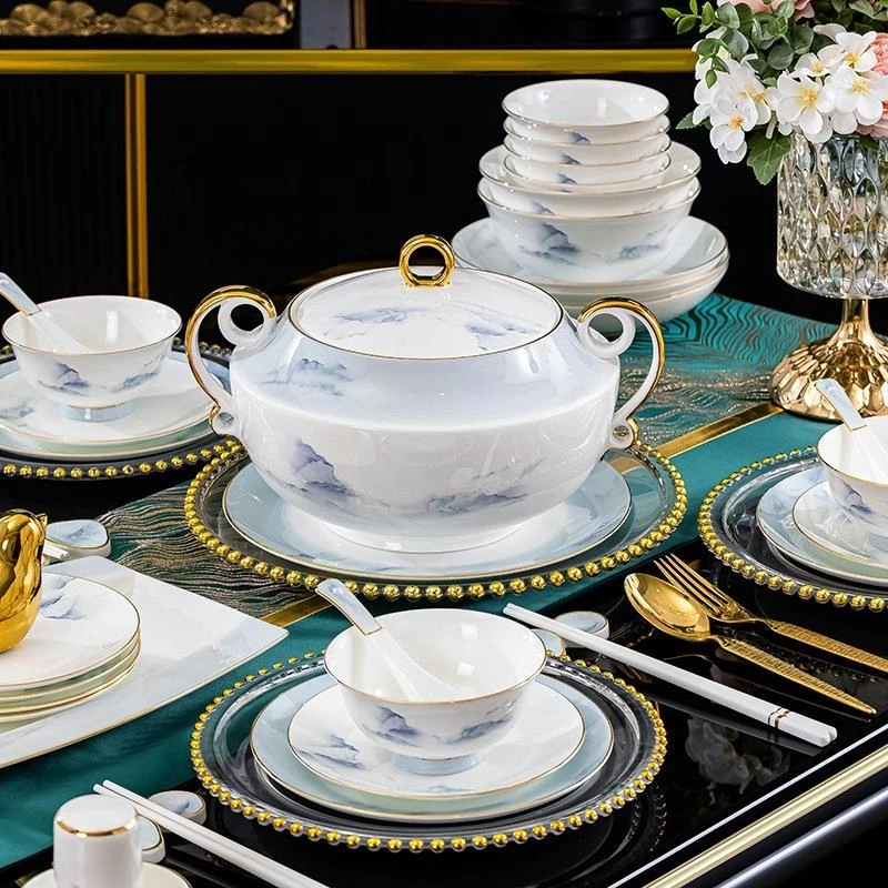 千里江山水墨轻奢风景德镇碗碟套装家用骨瓷餐具乔迁新婚送礼