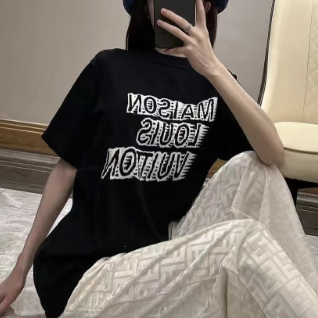 99新 LouisVuitton/路易威登 4142/黑色Logo印花桑蚕丝短袖/M