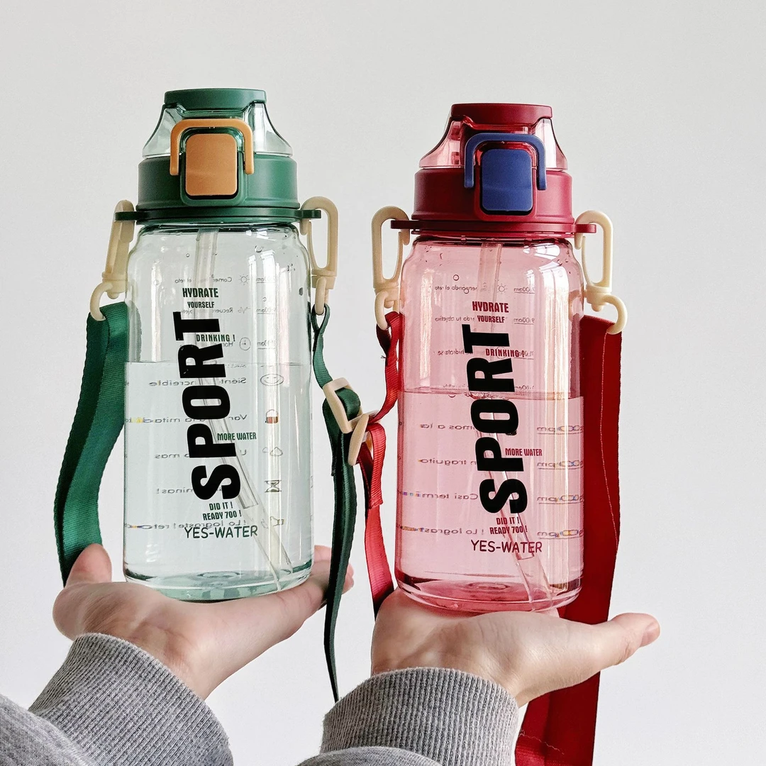 双饮塑料杯户外男女运动磨砂带刻度水杯便携健身随手弹跳盖塑料杯