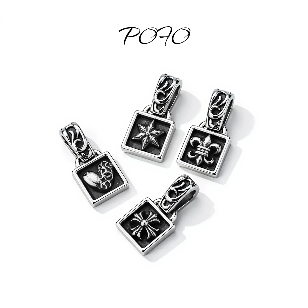 POFO 吊坠925银 通体S925银吊坠藤曼小方牌时尚中性吊坠JKST102