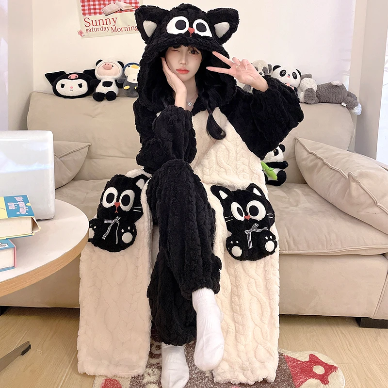 珊瑚绒睡袍女款冬季2025新款黑猫睡衣加绒加厚法兰绒家居服可外穿