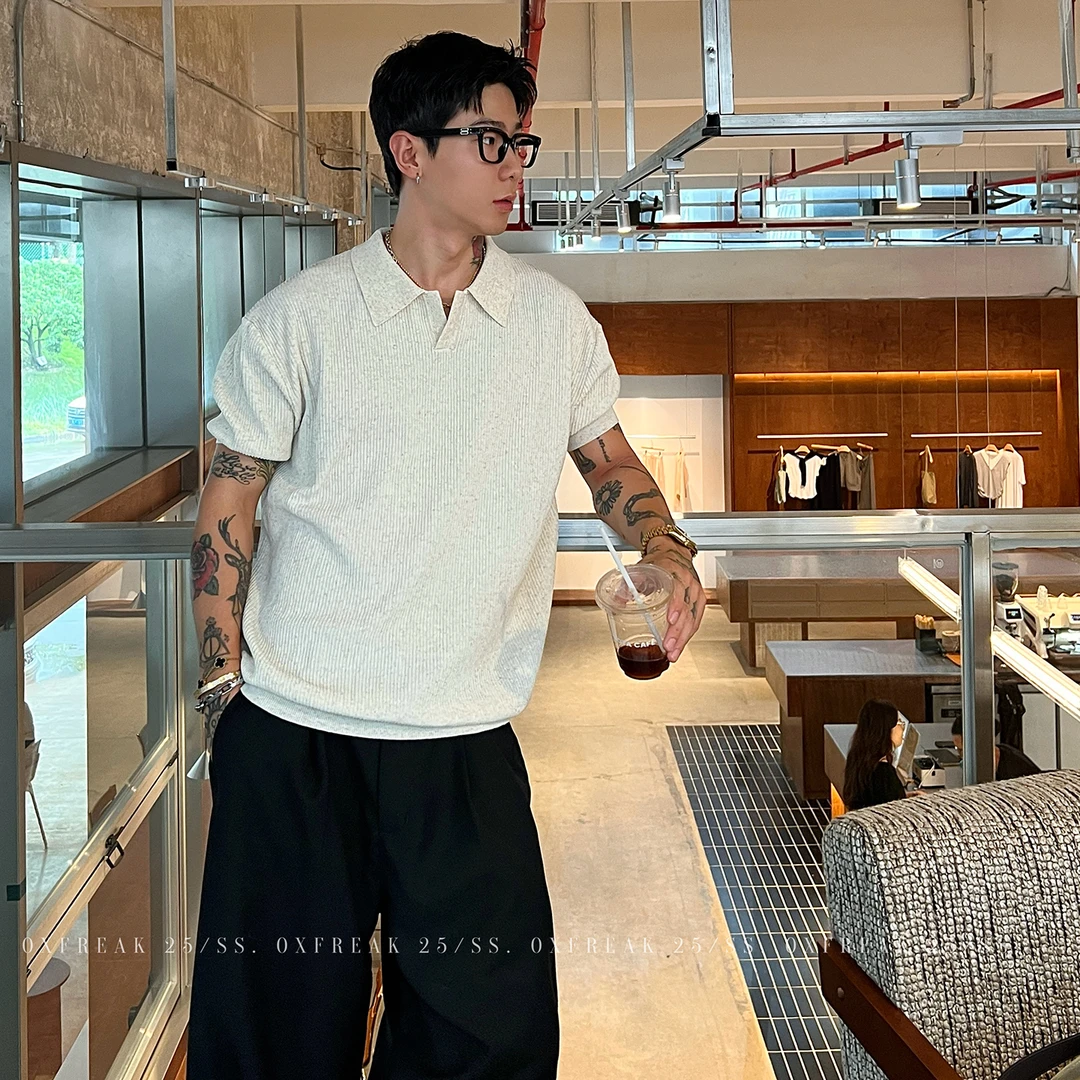 OXFREAK「老钱风 天丝亚麻」海鸥领褶皱针织polo衫男短袖翻领t恤
