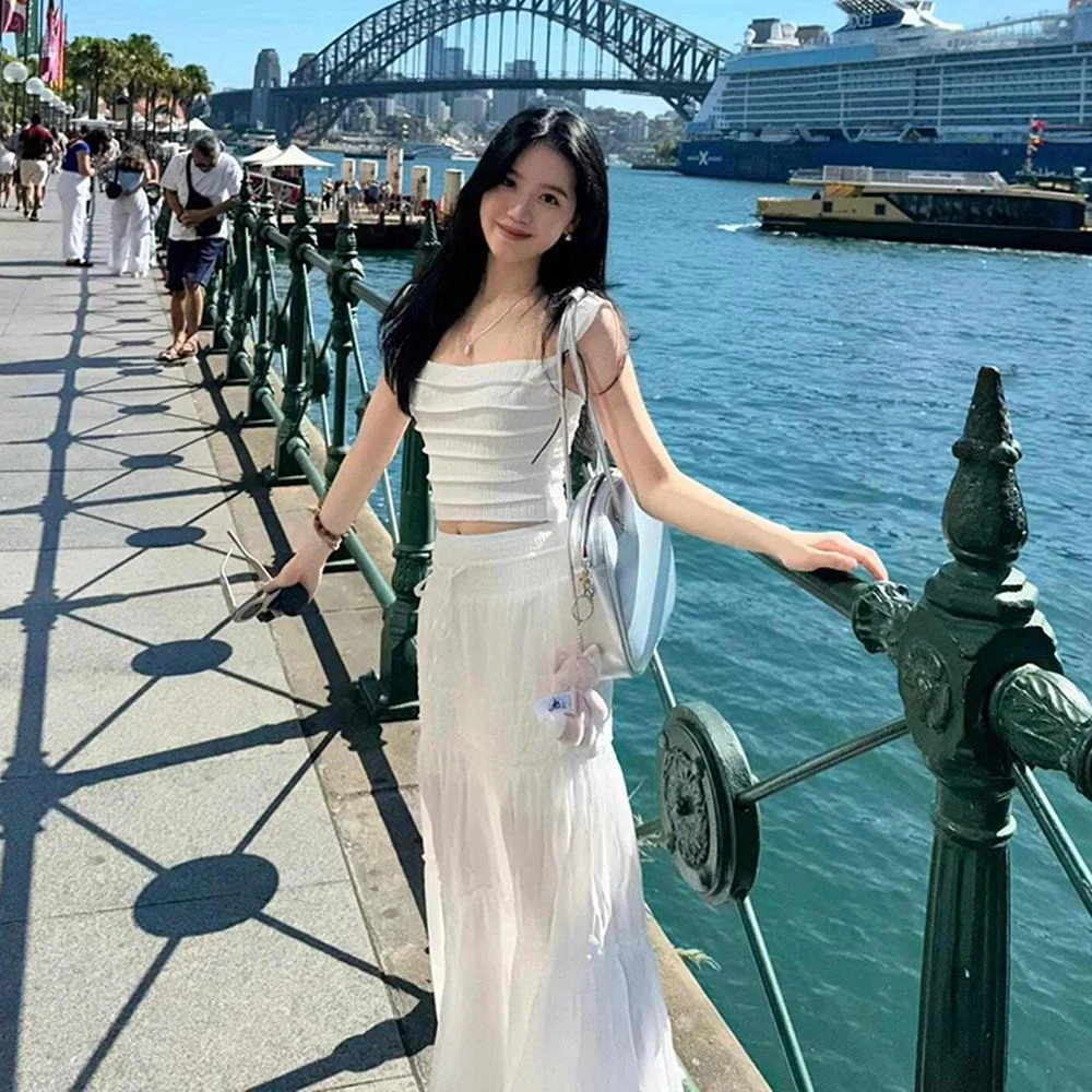 温柔海边度假风复古蕾丝拼接百搭长裙高腰显瘦气质A字半身裙女士