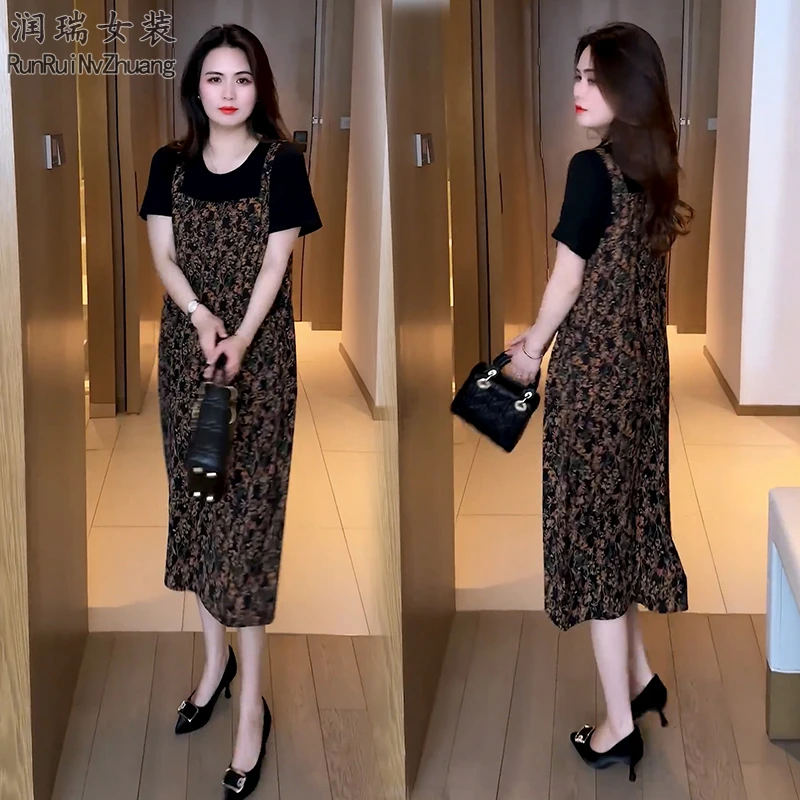 宽松腰时尚短袖碎花长裙连衣裙女装大摆裙中长款背带裙拼接夏季潮