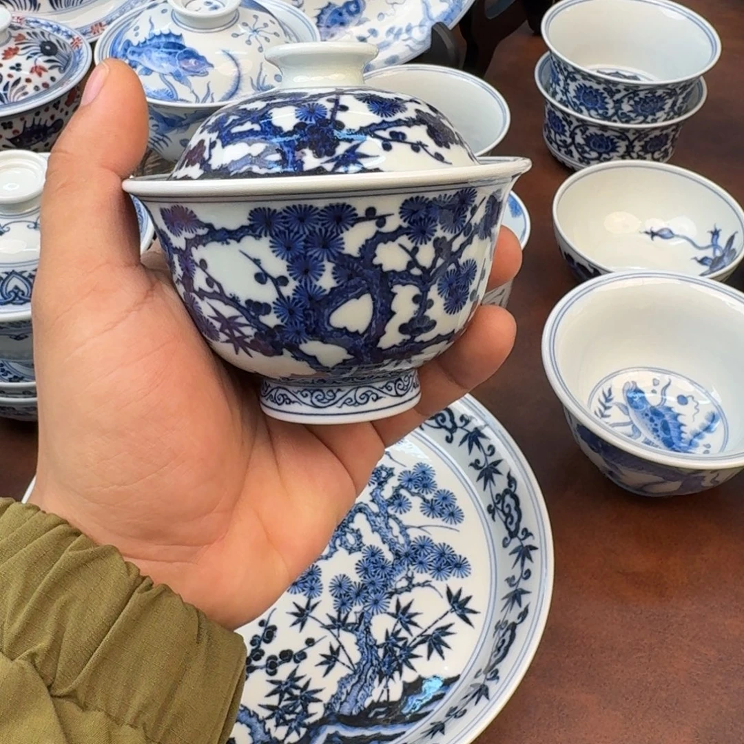 陶摆件松竹梅盖碗手绘