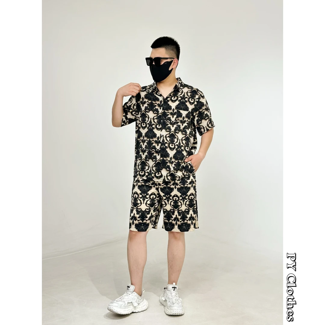 胖语大码男装  2025年超垂冰感原织满印轻奢欧货短裤套装7039#N