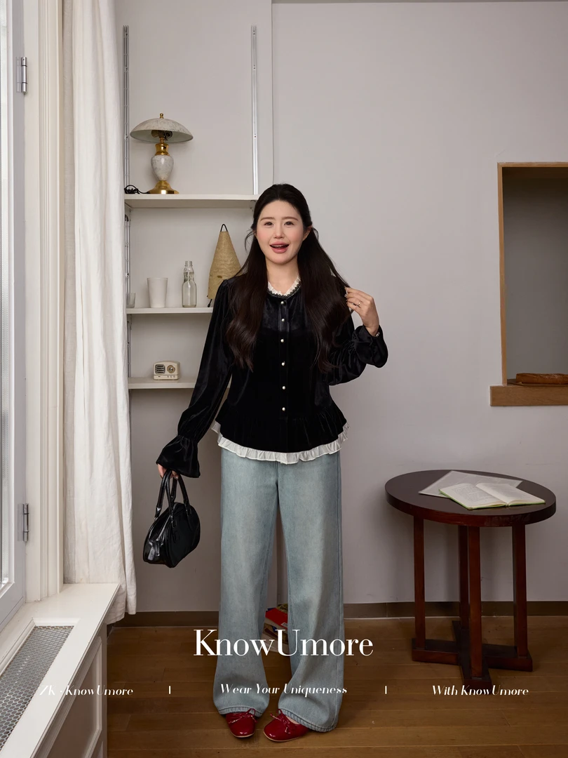 知葵微胖定制【浅牛加绒裤】秋冬显瘦加绒加厚直筒牛仔裤12244N1913