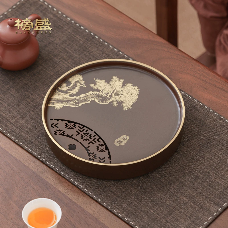 榜盛纯铜茶盘家用储水干泡台壶承高端铜彩烧茶具托盘小型茶台