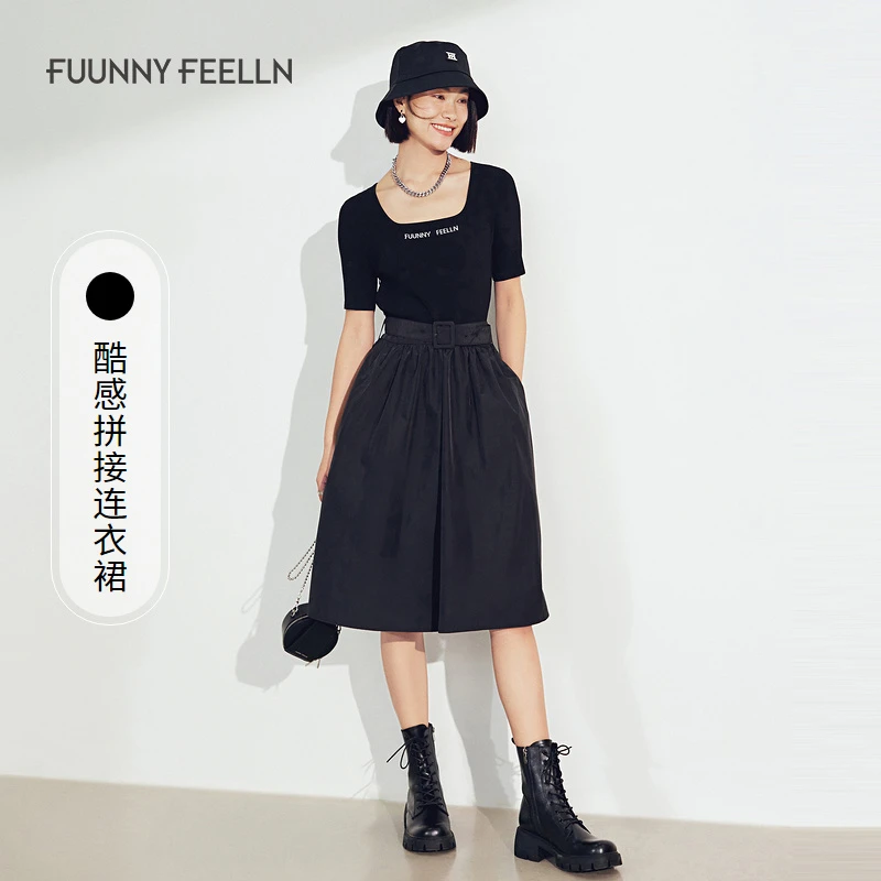 夏季黑色撞色连衣裙拼接收腰显瘦修身设计感时尚休闲不规则印裙子