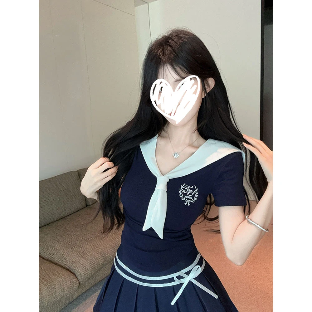 学院风撞色海军领短袖T恤女2025夏季新款甜美减龄修身显瘦上衣潮