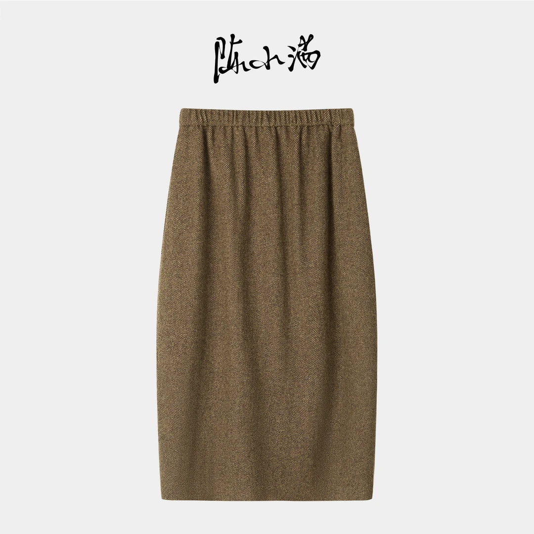 陈小满原创设计美丽诺纯羊毛半身裙2025冬季新款色织开叉冬装裙