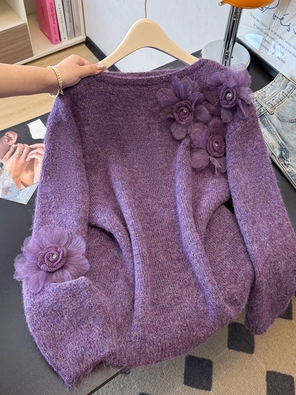 设计感软糯花朵圆领针织衫女2025秋冬新款巨好看减龄时尚套头毛衣