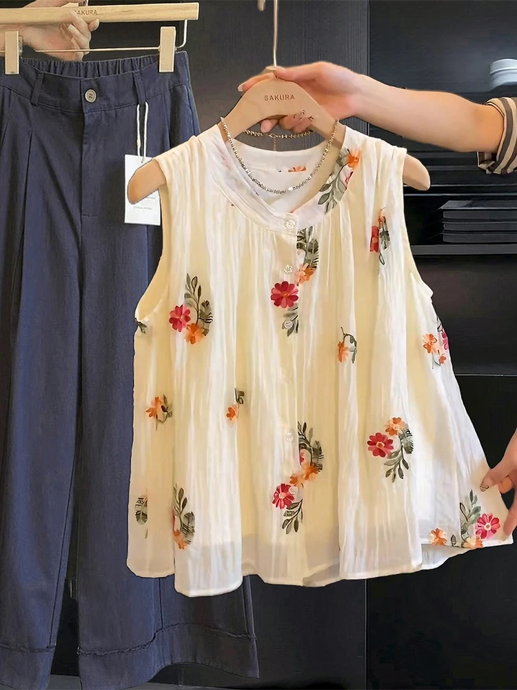 法式甜美碎花刺绣背心衬衫女夏季新款小众设计感宽松慵懒无袖上衣
