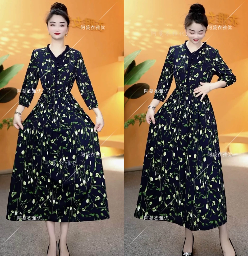 【衣雅严选】8100-1392新款中长袖花边领系带桑丝缎面长款连衣裙