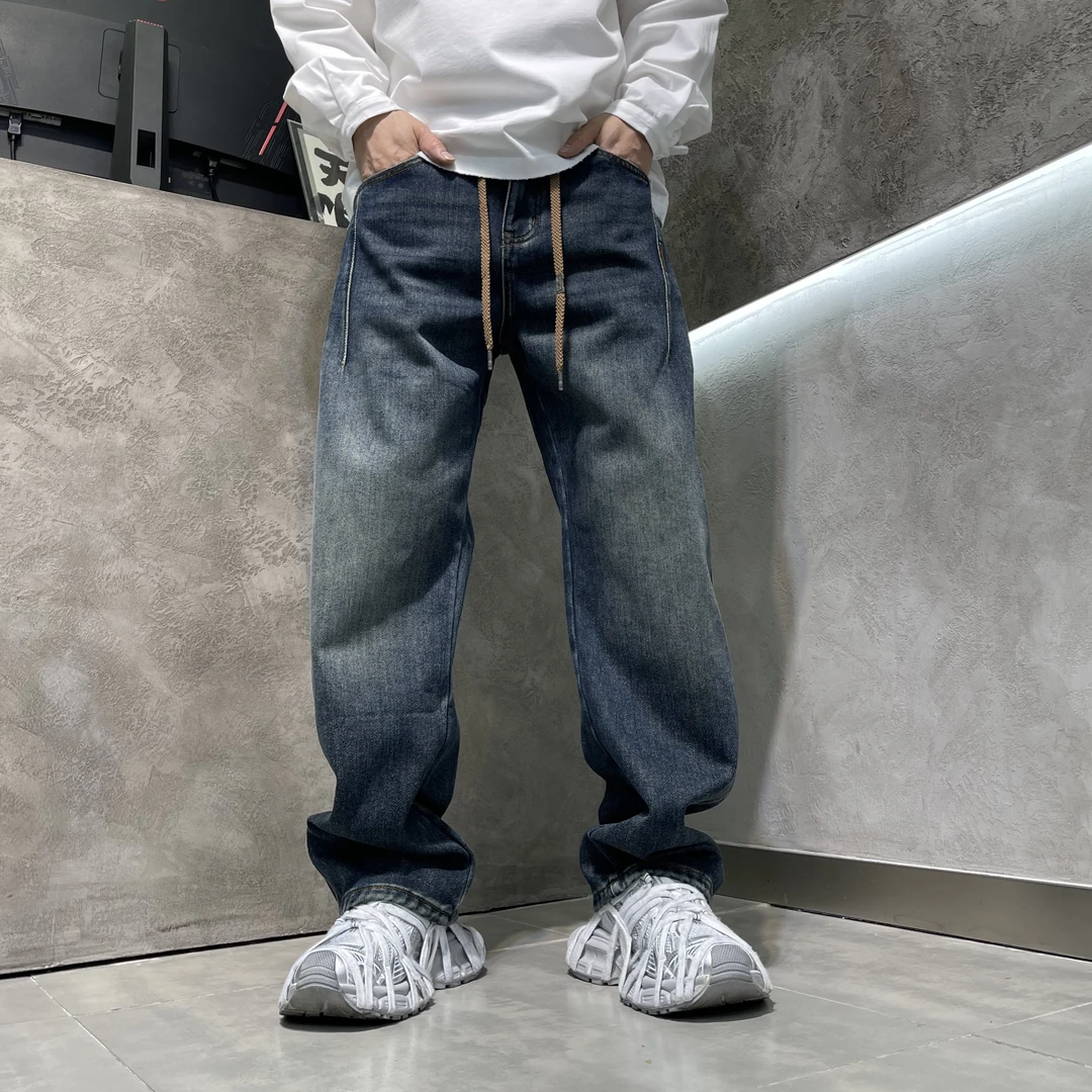 冬季加绒男士牛仔裤直筒百搭宽松水洗复古美式做旧休闲大码长裤