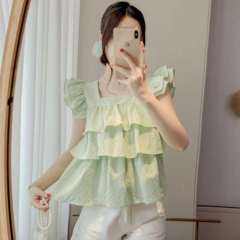 薄荷绿荷叶边小飞袖雪纺上衣女装夏款洋气减龄肌理感蓬蓬短袖衬衫