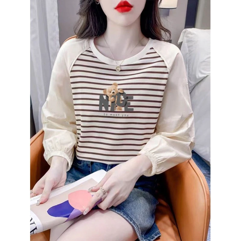 时尚洋气条纹长袖T恤女2025春秋季新款假两件洋气百搭打底衫上衣