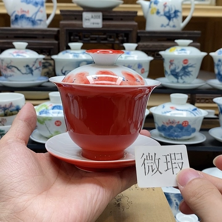 手绘龙船花160cc三才盖碗釉下彩微瑕福利款