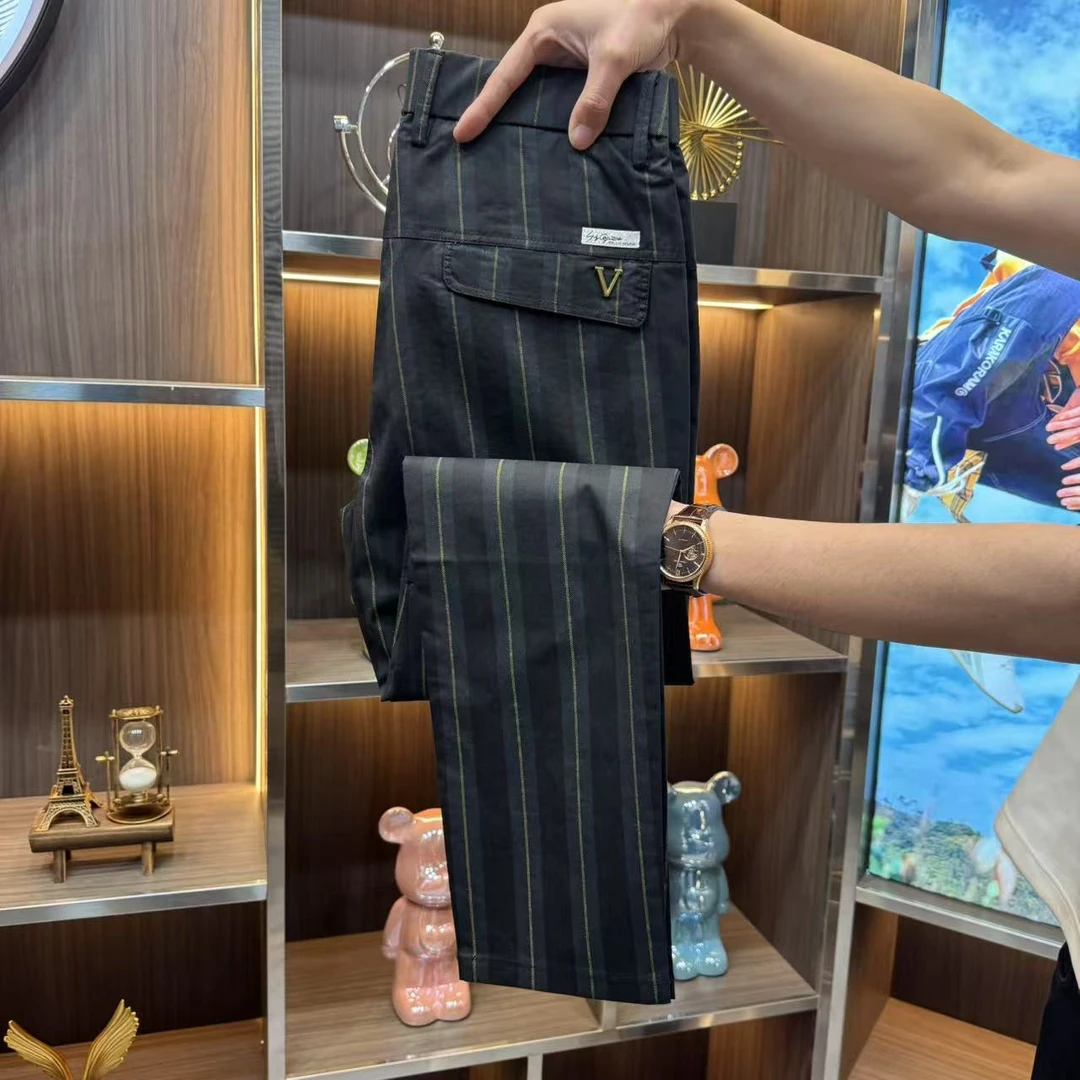 常规金属条纹男士紧腰夏季修身型裤子秋季直筒设计师休闲裤