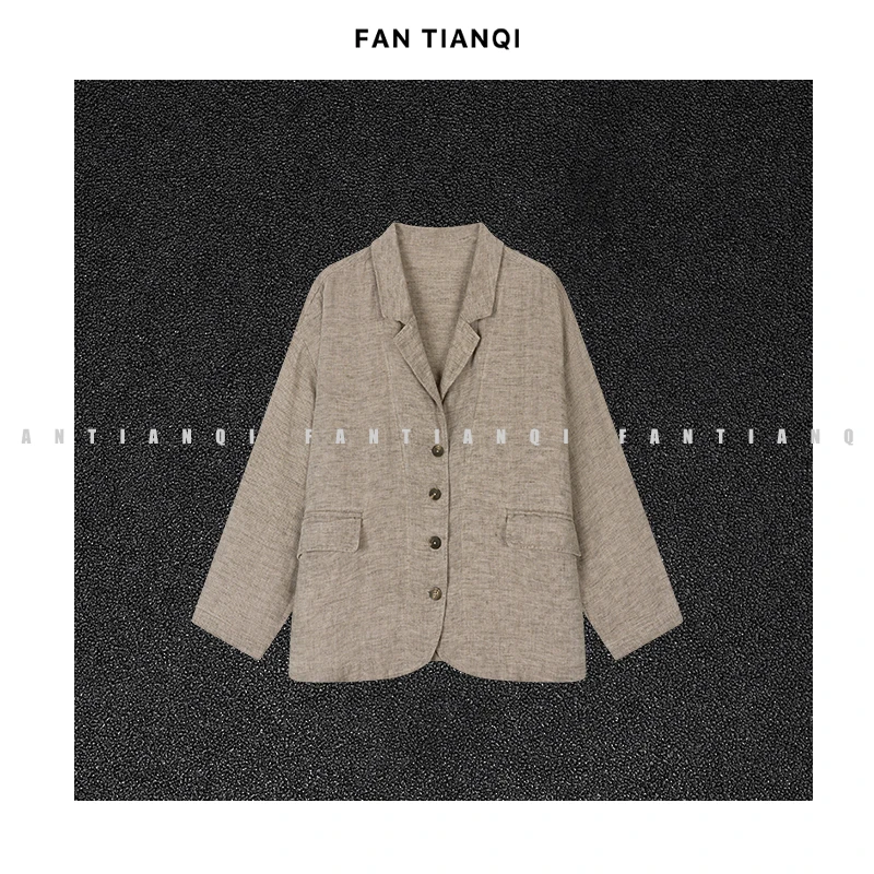 范天奇/FAN TIANQI【茶青】斜纹色织亚麻酵洗宽松西装外套FZOT56189