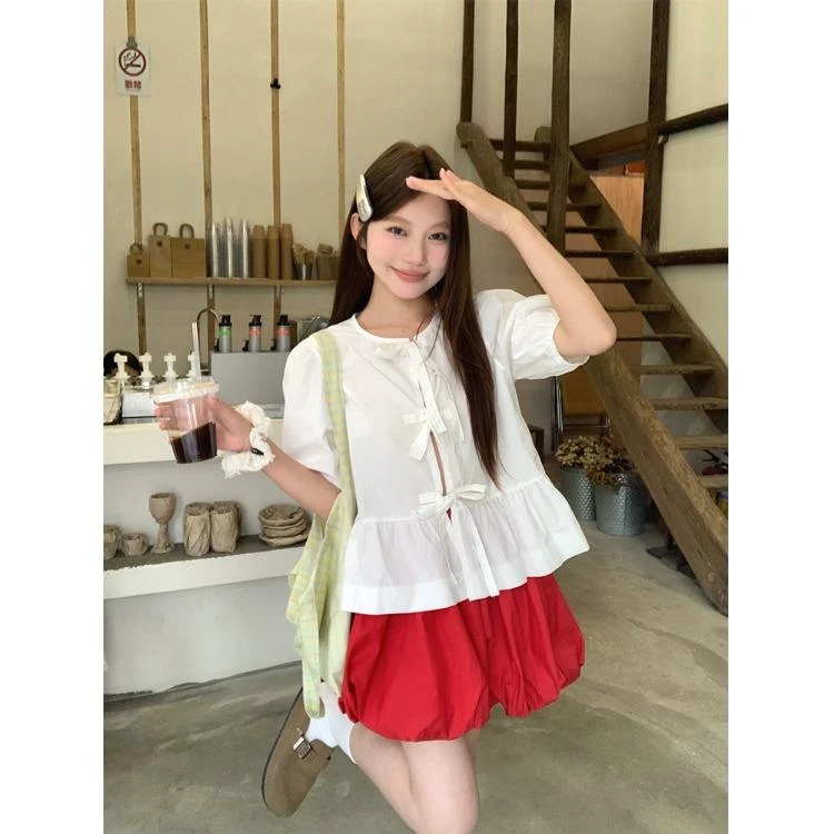 2025新款甜美套装蝴蝶结系带短袖衬衫女夏季高腰花苞半身裙两件套