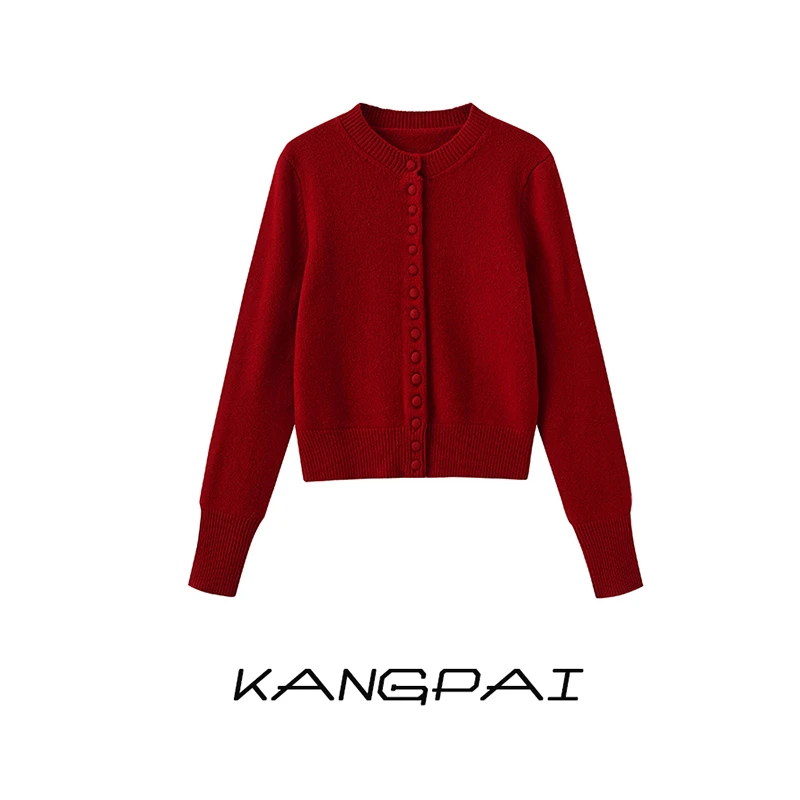 【法式香奢】100%纯羊毛开衫复古包扣时尚短款安可拉红圆领针织毛衣