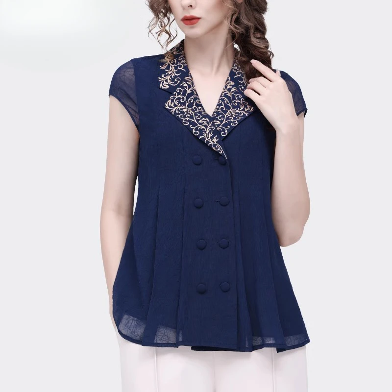 琦丝轻奢雪纺衫衬衫女短袖上衣西装领绣花小衫宽松显瘦SD23851