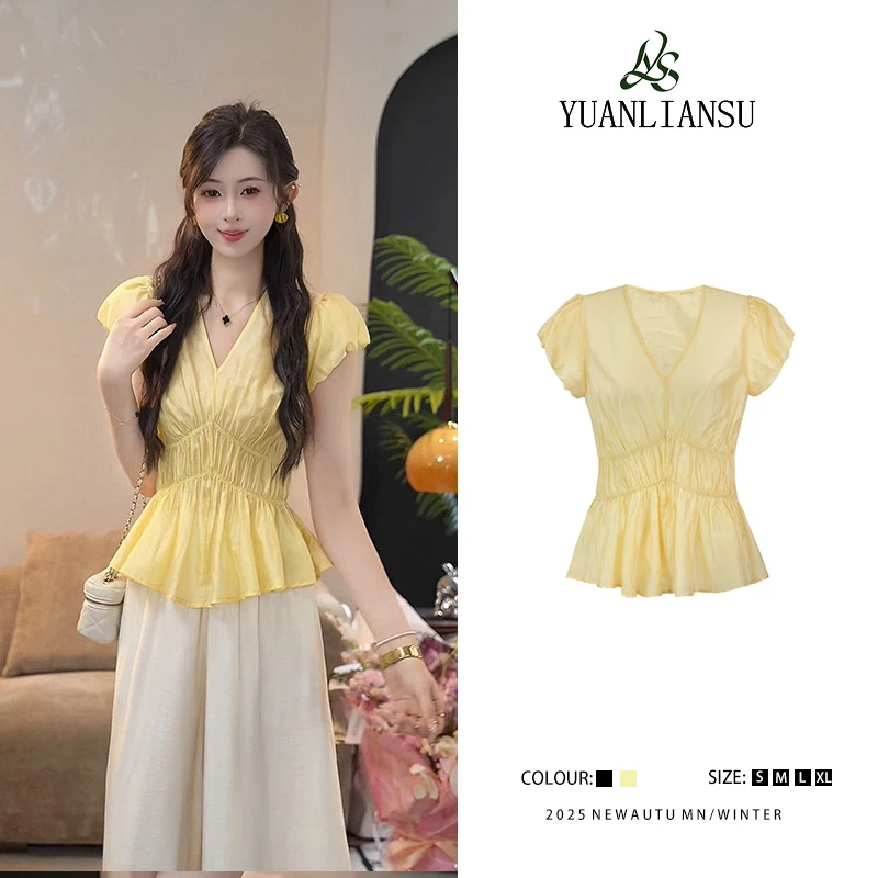 YUANLIANSU/圆脸酥【清风邮差】时尚显瘦设计感气质小众V领衬衫