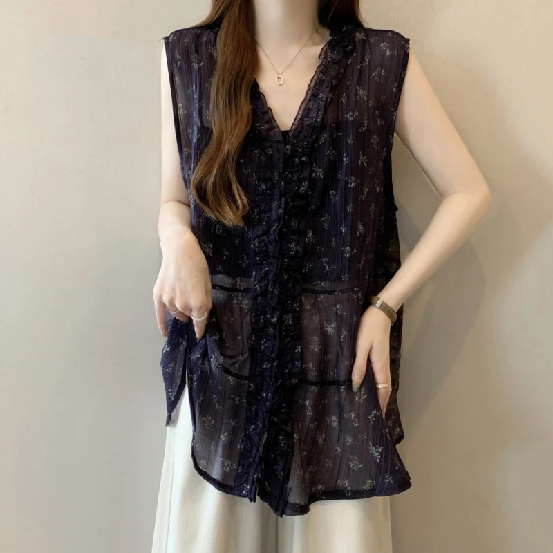 法式碎花V领雪纺吊带背心外穿女2025夏季大码胖mm中长款袖上衣