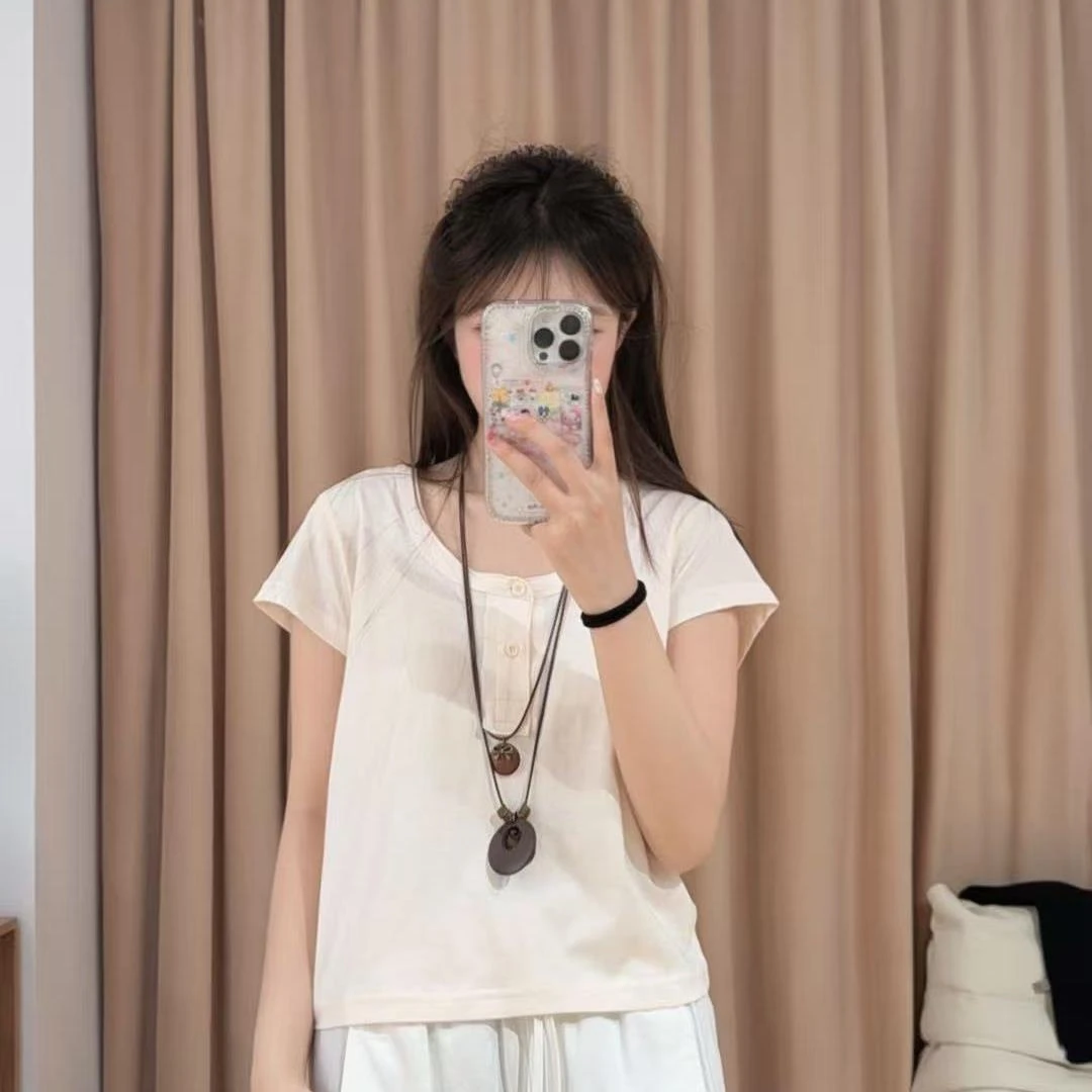 84629余小鱼【夏日温柔】浅杏色两粒扣韩版休闲U领短袖百搭T恤女装