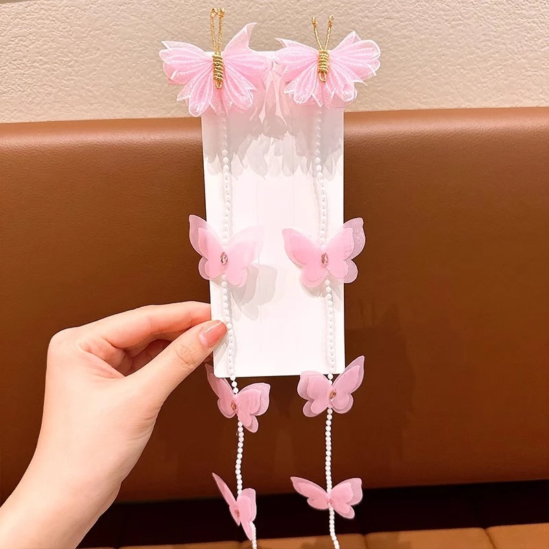 儿童女童2025新款彩色珠珠流苏发夹马尾编发链立体蝴蝶合金头饰原