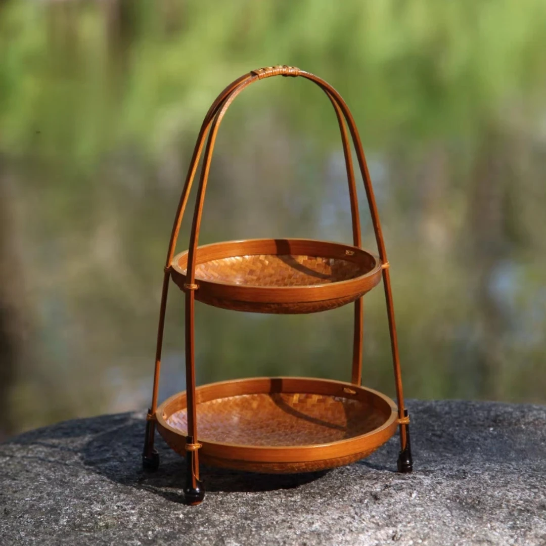 双层果篮竹编果盘手工编织托盘茶点盘茶具收纳创意竹制托盘