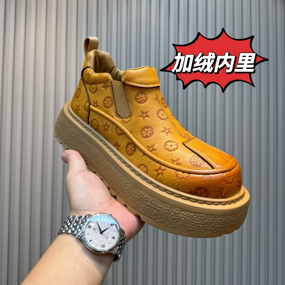 29-865冬季新款男士加绒保暖高帮棉鞋一脚蹬防滑耐磨雪地工装男鞋