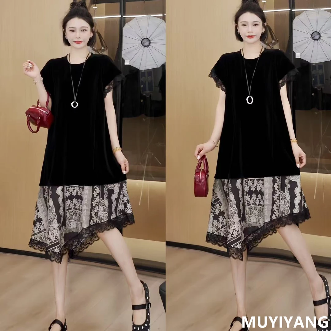 【祈风】独特设计感丝绒拼接图案高定版连衣裙 裙长103 25-238#