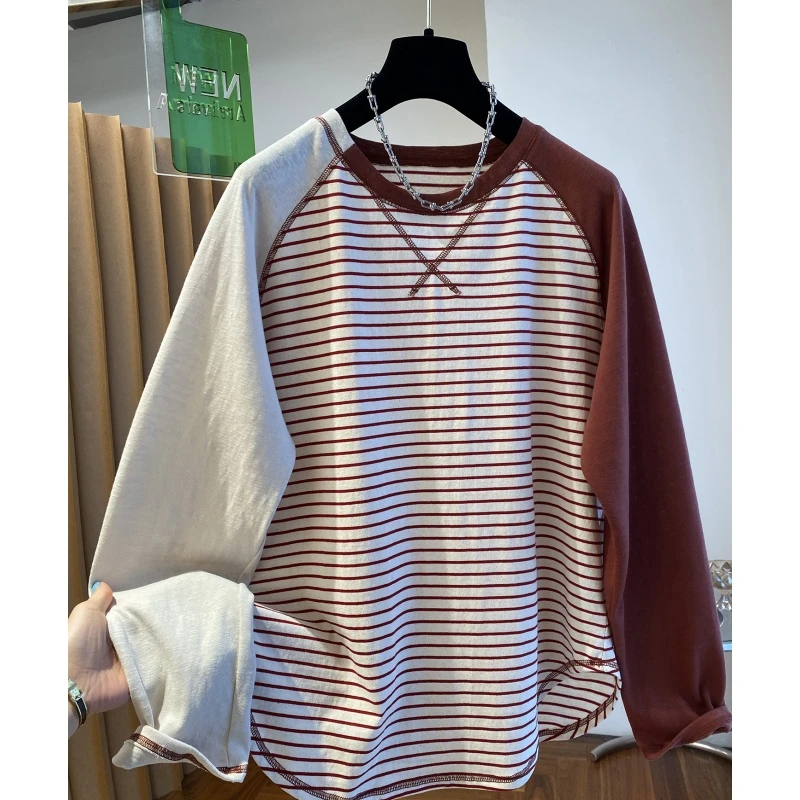 港式复古2-300斤撞色拼接插肩袖上衣初秋男女条纹洋气宽松长袖T恤