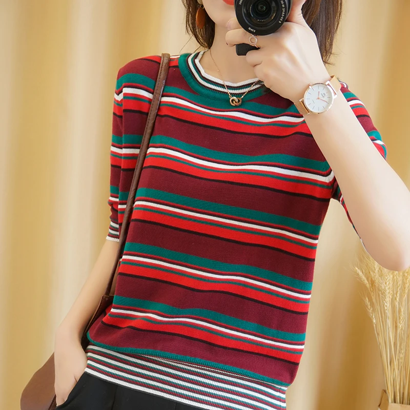 棉线针织衫圆领红色条纹拼色短袖女夏季