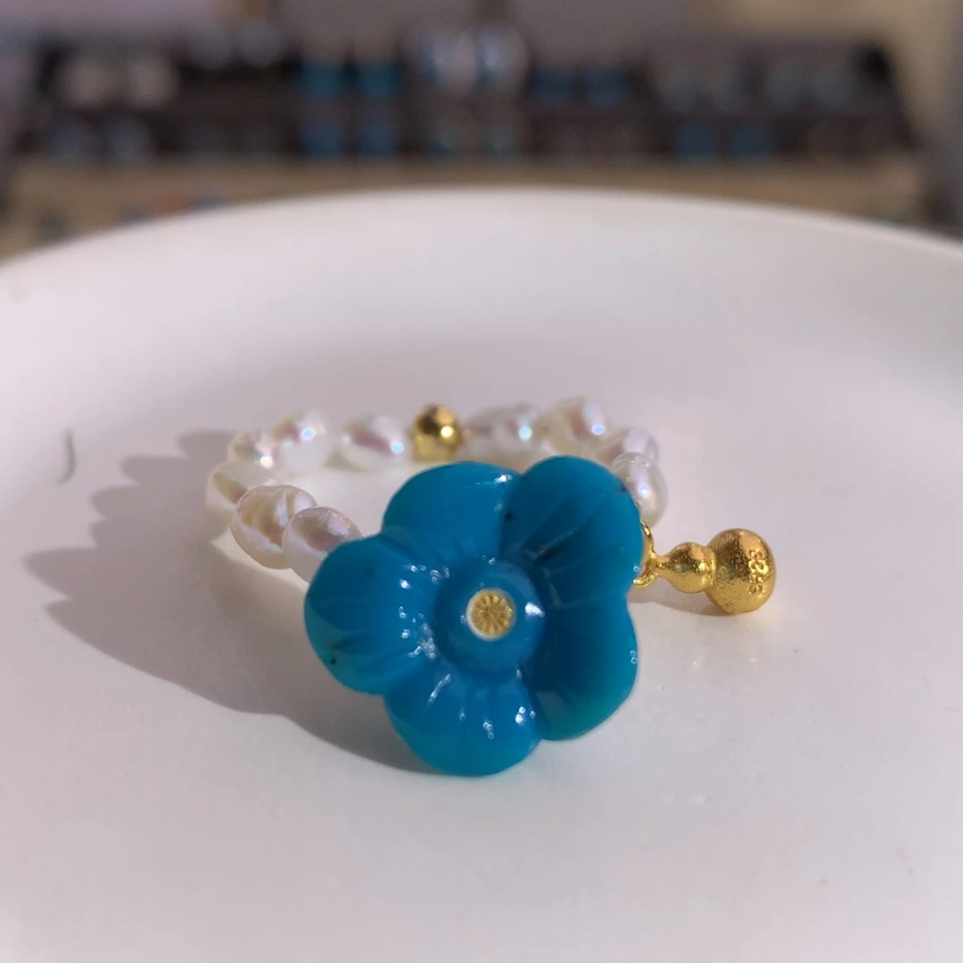 未镶嵌绿松石玉化复古蓝花朵戒指