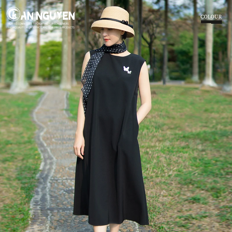 安源新款黑色西装面料无袖背心连衣裙简约宽松裙子